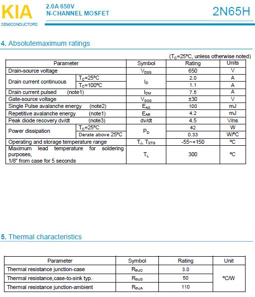MOS管,2N65H,2.0A/650V